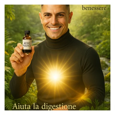 Uomo con viso del riferimento che mostra una boccetta con etichetta 'acido fulvico', ambiente naturale e luminoso, energia luminosa visibile su addome e pelle, elementi di natura come piante e acqua, atmosfera benessere, testo in italiano. sticker