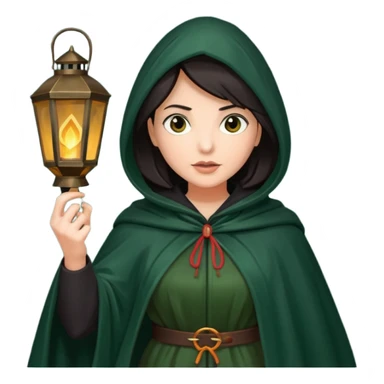 traitor tv show, dark haired woman wearing dark green cloak with hood up who looks evil and is holding up a lantern sticker