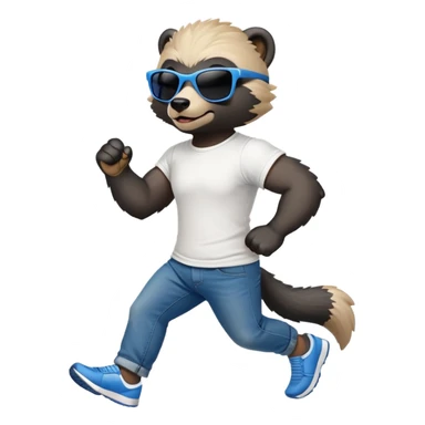 friendly anthropomorphised honey badger in jeans and a t-shirt, wearing sunglasses, jogging upright, standard pose sticker