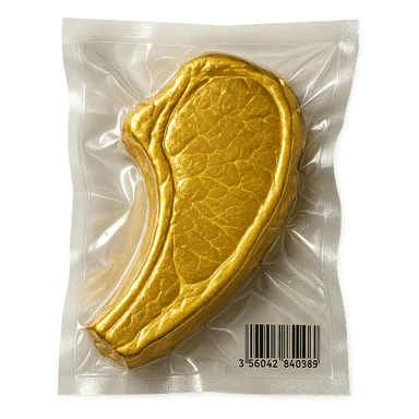golden steak, glossy and puffy, vacuum-sealed style sticker