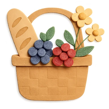 a picnic basket with berries, bread, and flowers, warm pastel shades, paper craft style sticker