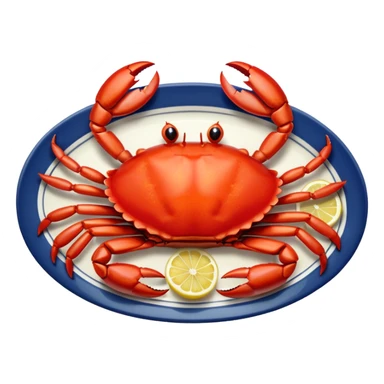 crab on a porcelain platter with lemon  sticker