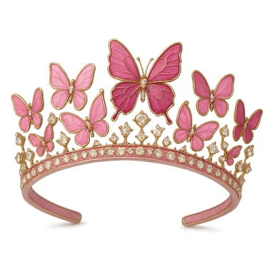 butterfly crown with a pink base, butterflies in different pink tones with enamel finish, sparkling gems, transparent background sticker