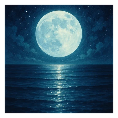large moon casting light on still sea, magical night atmosphere, shimmering reflections, general illustration style sticker