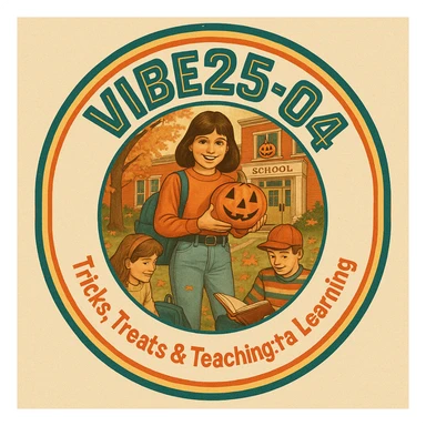 Create a logo that encompasses a retro 80's feel, nostalgic, ALSO RETRO.  Add the words "VIBE25-04: Tricks, Treats & Teaching: Fall Into Learning" sticker