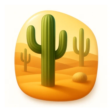 Create a desert emoji inspired by the reference image in iOS emoji style. Keep the same cacti, sand, and colors with a smooth and shiny appearance. The shape should have rounded or freeform edges, not confined to a square. Add a subtle highlight to the emoji. sticker