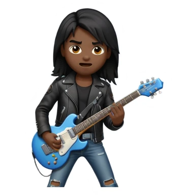 3D Apple-style emoji of a metal musician. Long hair, black leather jacket, ripped jeans, holding an electric guitar. Intense expression, glossy, rounded, smooth, soft shadows, white background.










 sticker