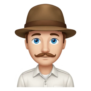 Justin Jeffre blue eyes, brown hair and mustache, white shirt and hat sticker