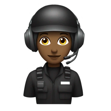 operator dressed in black with a milatary helmet, without glasses, wearing a headset, ready to respond to alerts, preferably female white sticker