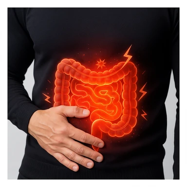 Realistic style close-up on the man's abdomen, intestine highlighted with visual effects of inflammation and pain such as redness, glow, and symbols. Light background. sticker