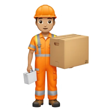 man standing sideways, wearing orange hi visibility overalls, carrying a box sticker