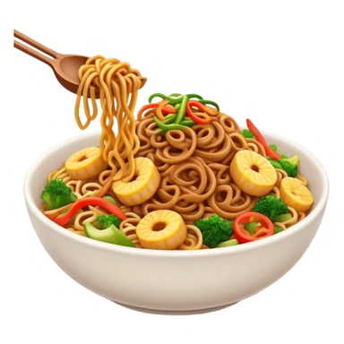 Cinematic Realistic Mie Goreng Dish Emoji, featuring stir‚Äêfried noodles with vegetables and meat rendered with dynamic textures and warm, appetizing lighting. sticker