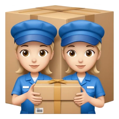 two suppliers in blue work uniforms wearing hat-style caps holding a big box together sticker