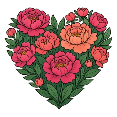 heart with a vibrant peony garden, clean digital illustration, remove background sticker