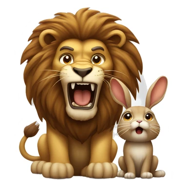 Big angry lion roars next to small cute brown rabbit sticker