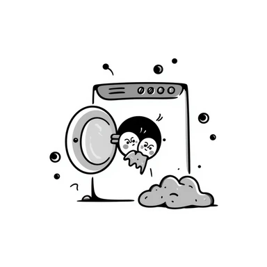 washing machine with bubbles and clothes peeking out, doodle style sticker