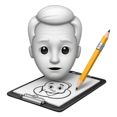 Create an icon representing the process of creating a black-and-white caricature. Include a pencil, a sketchpad with a humorous, exaggerated figure, and inking tools. Use bold lines and shading, with a transparent background. sticker
