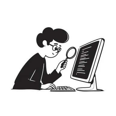 QA engineer at a computer with magnifying glass inspecting code sticker