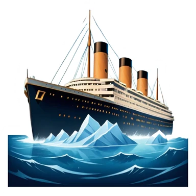Icon for Titanic Movie: A vintage movie poster-style design featuring a dramatic scene of the ship, the iceberg, and a romantic silhouette of the main couple. Include elements like the ship’s bow, water splashes, and a starry sky in the background. Retro cinematic feel. Transparent background. sticker