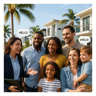 Foto hiper realista que refleje a nuestro cliente ideal de real estate: Profesionales y familias en transición Que desean mudarse a Miami o adquirir una segunda residencia, guiados por un equipo que habla su idioma —literal y figurativamente. sticker