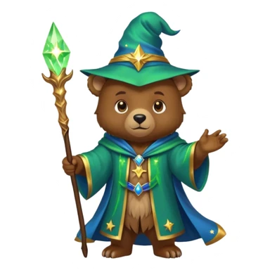 A young bear wizard with a glowing green spell, golden staff and starry blue robes sticker