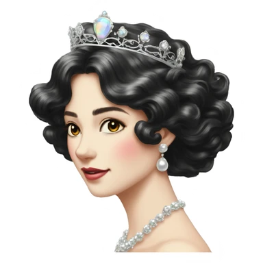 Regal pretty lady crown vintage with long iridescent black and silver hair wavy black hair pearl crown iridescent sticker