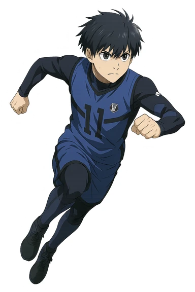 Yoichi Isagi from Blue Lock, anime style, blue hair, determined expression, soccer uniform, dynamic pose, no background sticker