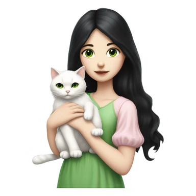 girl with pale skin, very long dark black hair and green eyes and light pink outfit hugging a white fluffy scottish cat sticker
