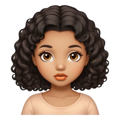 Glamourous, light brown skin tone, very beautiful toddler, with big plump peach-beige lips, long long lashes, black curly smooth short hair, straight parting hair, brown eyes sticker
