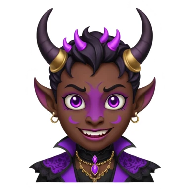 devil emoji in gothic style with black and purple colors, small horns, mysterious grin, Victorian influence sticker