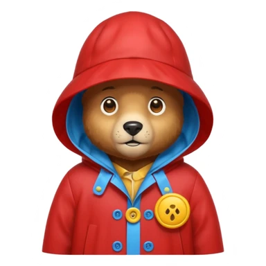 A bear in a red rain hat and a blue raincoat with yellow buttons down the middle sticker