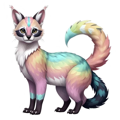 Colorful dark tropical feathery tribal pale light fruity pastel white glorious iridescent divine exotic cute cool beautiful beautiful fantasy-caracal-civet-genet-sergal-vernid-Gryphon-Cacomistle-Trico-oncilla-animal-Fakémon-hybrid-fursona (full body) sticker