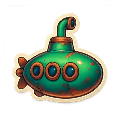A submarine icon in a retro style, with a green body, rust details, and a vintage periscope on top. sticker