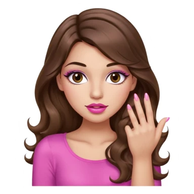 girl with long wavy brown hair, brown eyes, light to medium complexion, in a pink sexy top, pink lips, long lashes, puckered lips, showing my manicure one hand sticker