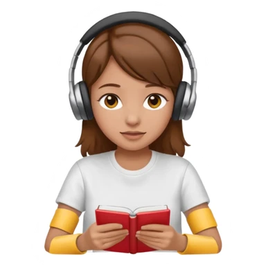 brown-haired girl wearing white t-shirt, headphones, studying, apple emoji style, no background, no text sticker