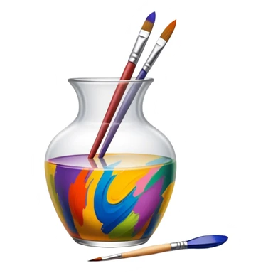 Glass painting icon, colorful brushstrokes on a glass vase, intricate painted patterns on the surface, visible fine paintbrush and palette beside it, no liquid inside the vase, minimalistic style, clean lines, transparent background. sticker