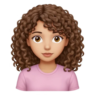 A Latina girl with brown eyes and long loose curly hair with curly bangs with a light pink shirt sticker
