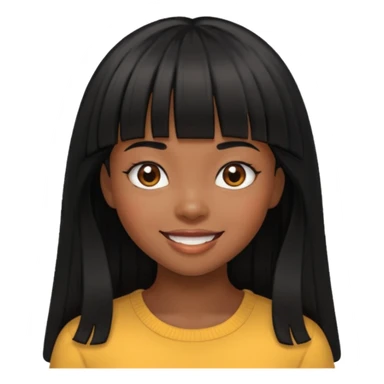 black girl with long black hair with bangs, happy sticker