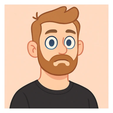 man with short light brown hair styled upward, beard and mustache, fair skin, large blue eyes, neutral facial expression, wearing black shirt, soft pastel illustration style sticker