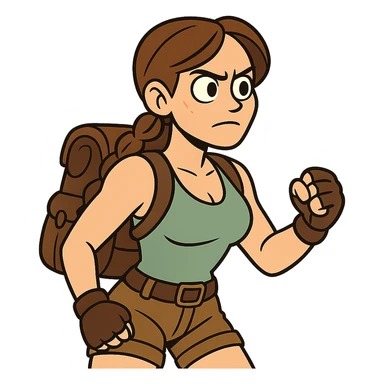 Cartoon explorer woman inspired by Lara Croft, with backpack, gloves, brown hair in braid, determined look sticker