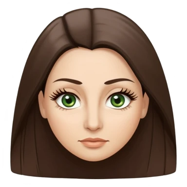 40 year old Adult woman avatar, light skin tone, oval face, long straight ashy brown hair, green almond-shaped eyes with dramatic eyelashes and minimal eyeliner, neutral mouth, medium straight eyebrows, small nose, smooth skin sticker
