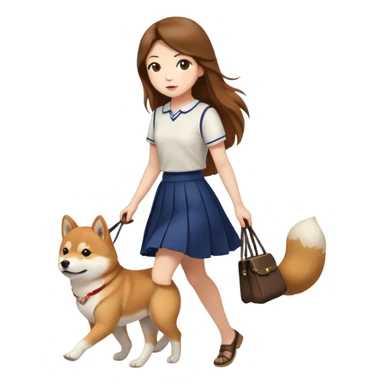 A girl with long brown hair and a skirt walking a Shiba Inu sticker