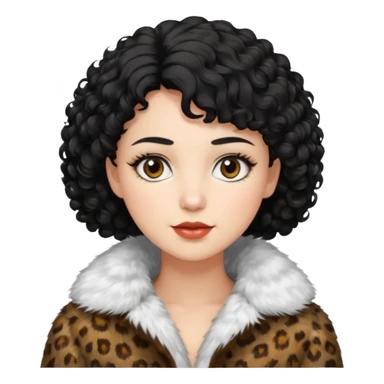 A woman with short curly black hair, brown eyes, white skin and wearing a fur coat sticker