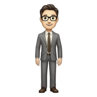 Full height Pale skinned Fit Man With dark brown hair in classic gray suit, beige office shirt, dark gray tie, and vintage glasses. His hands lock sticker