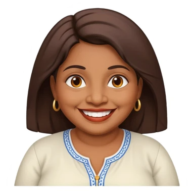 50 yr old chubby Sri Lankan woman, dark skin, straight brown hair, big smile, white teeth, european clothes, hair sticker