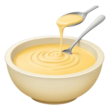 white bowl of pale yellow sauce, matte, simple, clear sticker