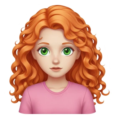 white pale girl with long curly orange hair, green eyes, pink shirt sticker