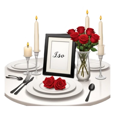 a chic restaurant, on the table there is a set of beautiful white dishes, candles are burning, next to it there is a bouquet of roses sticker