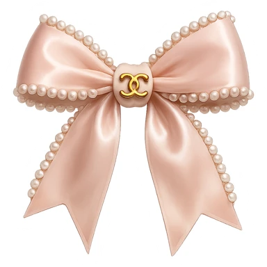 Remove the background, keep only the elegant bow with pearls and gold Chanel logo, glossy, pastel colors, realistic style, with no background. blackpink sticker