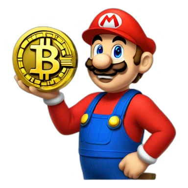 Super Mario holding bitcoin sticker
